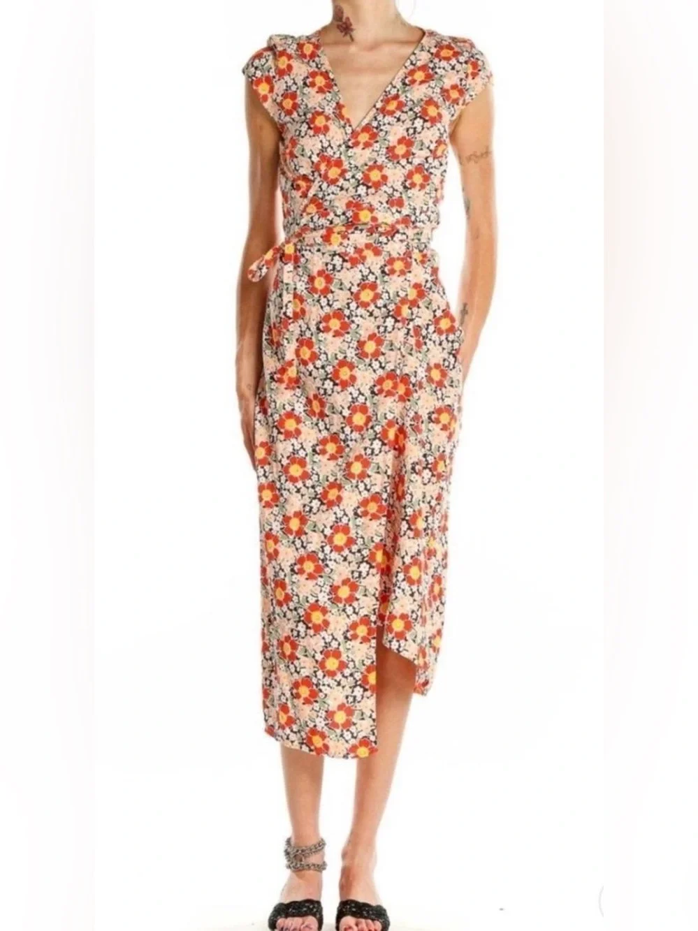 J Crew Mercantile Easy Wrap Midi Dress  70s Vibe Floral Viscose Size Small Mod